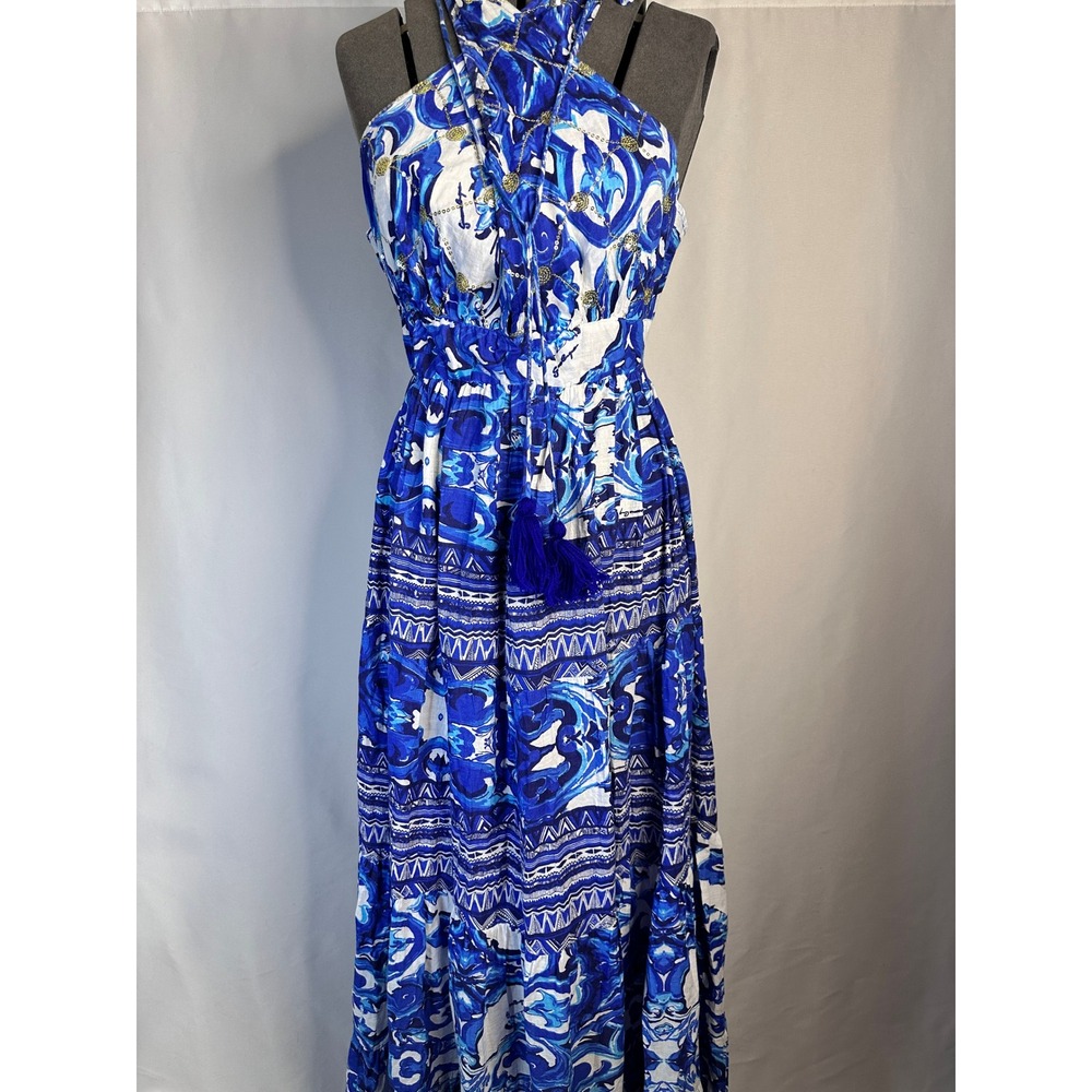 NWT ANTICA SARTORIA Blue White Printed Halter Maxi Dress One Size - Picture 2 of 11